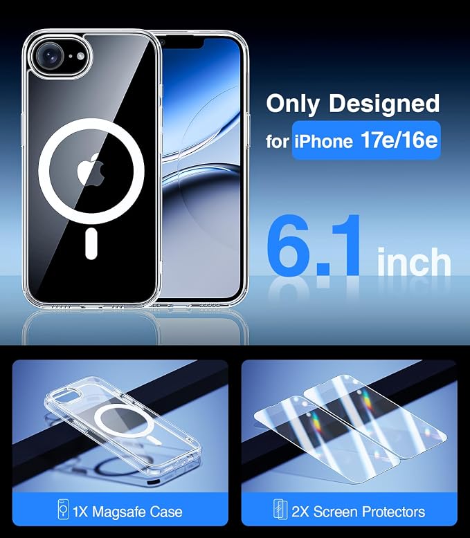 Magnetic Case for iPhone 17e & iPhone 16e (6.1 inch), [with Privacy Screen Protectors] [Anti-Yellow Tech], Compatible with MagSafe, Military-Grade Protection, for iPhone 17e/ iPhone 16e Case, Clear