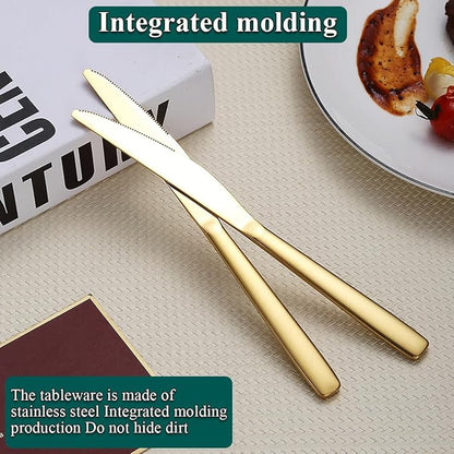 Evanda Gold Dinner Knives Set 12 Pieces, Titanium Plating Stainless Steel Butter Knives Table Knives, Flatware Steak Knives Silverware Set, Cutlery Set, Dishwasher Safe