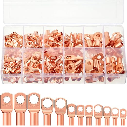 Weewooday 170Pcs Copper Battery Cable Ends 12 Sizes Battery Terminal Connectors Copper Lug Ring Terminal Wire Lugs Kit for AWG4, AWG6, AWG8, AWG10, AWG12