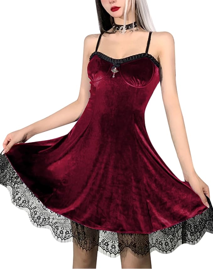 TSMNZMU Womens Gothic Velvet Dress Sleeveless Lolita Fairy Dresses Vintage Witchy Camisole Dress Grunge Harajuku Lace Dress