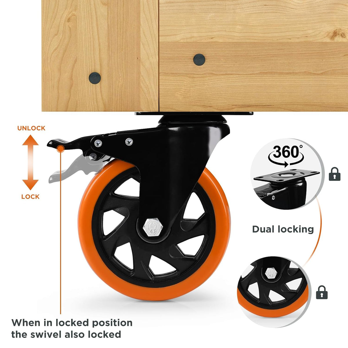 Caster Wheel, Heavy Duty 5 Inch Caster, Locking Swivel Caster Wheel for Cart, Furniture and Workbench, Red