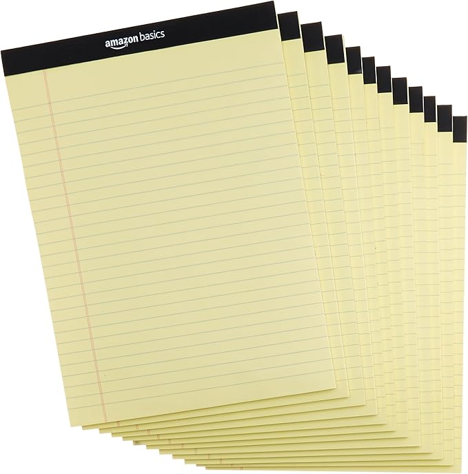 Basics Wide Ruled Lined Writing Note Pad, 8.5" x 11.75", Canary, 600 Perforated Sheets, 12-Pack of 50