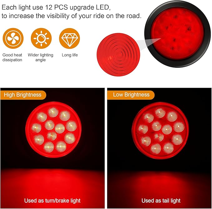 2Pcs 4" Round Led Trailer Lights Kit Red 12 LED Boat Marker Lights Brake Lights Stop Turn Side Utility Tail Lights Waterproof Hitch Light for Truck Trailer RV Boat
