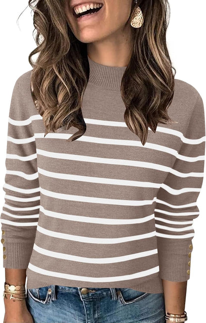 Womens Mock Neck Long Sleeve Knit Sweaters Turtleneck Casual Lightweight Button Cuffs Fall Pullover Sweater