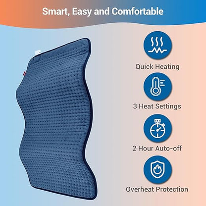 Comfytemp Heating Pad for Back Pain Relief - FSA HSA Eligible Extra Large Heating Pad XXL, Birthday Gifts for Women Mom Her Wife, 17''x 33'' King Size Electric Heating Pad for Period Cramps (Blue)