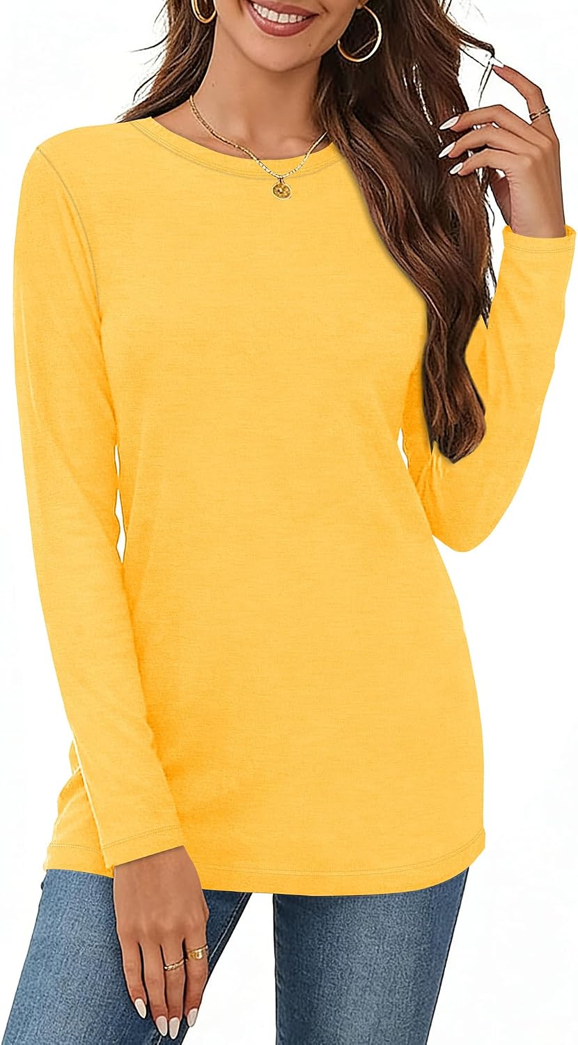 Very light yellow in color Women Long Sleeve Shirts Casual Dressy Soft Basic Tee Loose Fit Tunic Tops | Fall Tops, Soft & Breathable, Crew Neck, cotton, School Outfits, Teacher T-shirts, Winter Clothes, Solo or Layered, 2026