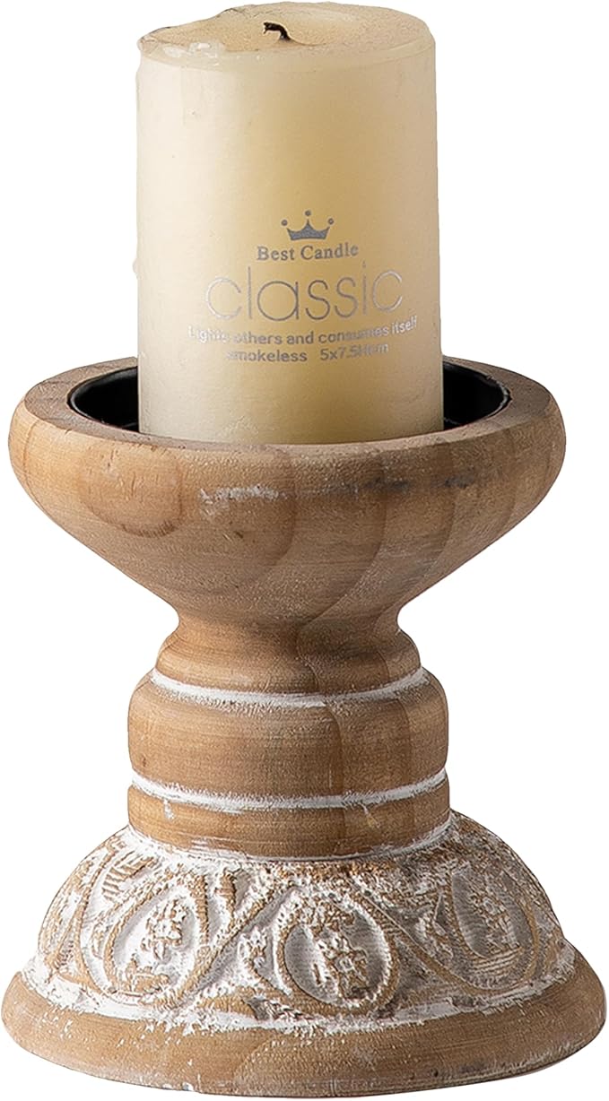 SOFE Farmhouse Wood Candle Holder, Handmade Pillar Candle Holders Brown Rustic Candle Stand Decorative, Candle Pedestal for Coffee Table, Living Room, Room Decor Aesthetic