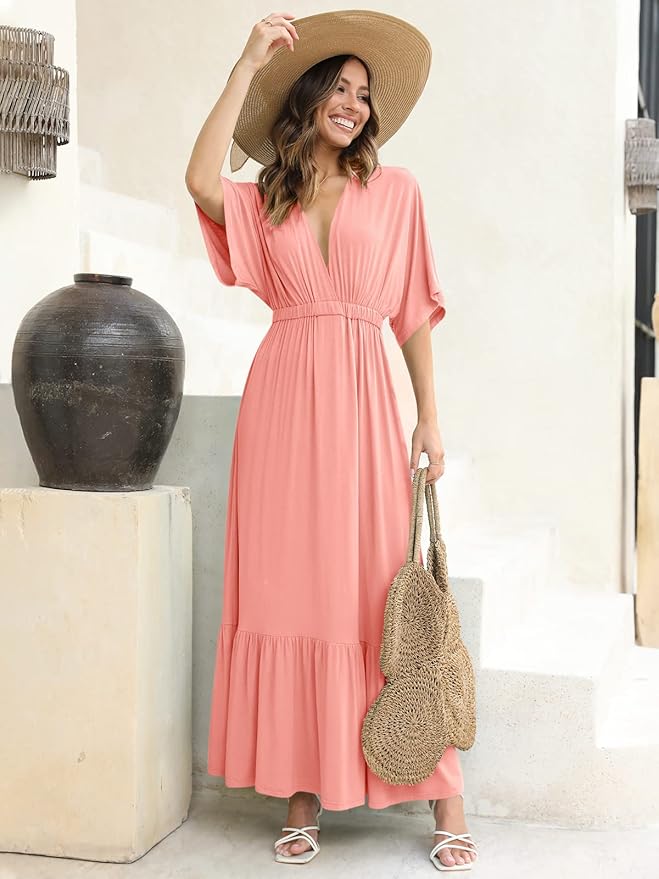 DEEP SELF Women’s Summer V Neck Batwing Short Sleeve Maxi Dress Casual Loose High Waist Flowy Long Beach Dress