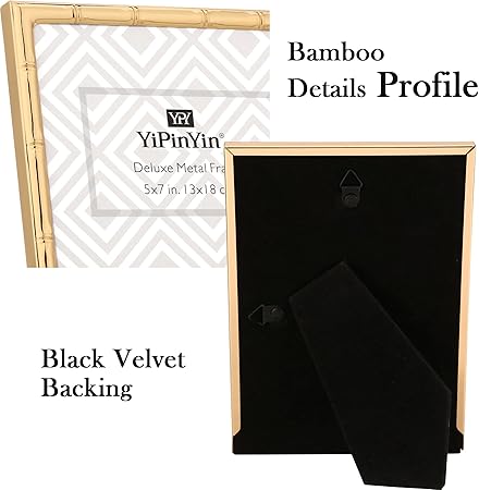 8x10'' Bamboo Detail Gold Metal Picture Frame with Acid Free Mat for 5x7'' Set of 2, Narrow Gold Plated Photo Frames 5 x7'' With Soft Touch Velvet Backing for Desktop and Wall Decor(Dark Gold)