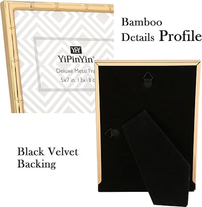 8x10'' Bamboo Detail Gold Metal Picture Frame with Acid Free Mat for 5x7'' Set of 2, Narrow Gold Plated Photo Frames 5 x7'' With Soft Touch Velvet Backing for Desktop and Wall Decor(Dark Gold)