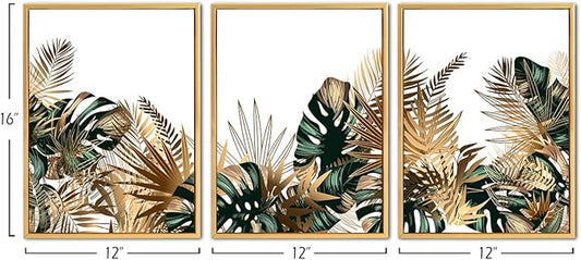 Loomarte Framed Plant Wall Art Simple Tropical Green Leaves Wall Decor Boho Palm Botanical Prints Minimalist Pictures Home Decorations for Living Room Bedroom Bathroom 12x16 Inches Golden Frame,3 PC