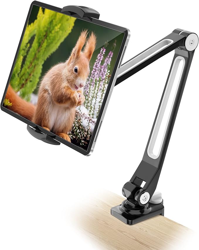 AboveTEK iPad Desk Mount, Multi-Angle Adjustable Tablet Stand Holder, 360 Swivel Arm Aluminum iPad Clamp Stand, Fits 4"-11" TabletPhoneiPad Mini for Home Office Kitchen Bedside (Black)