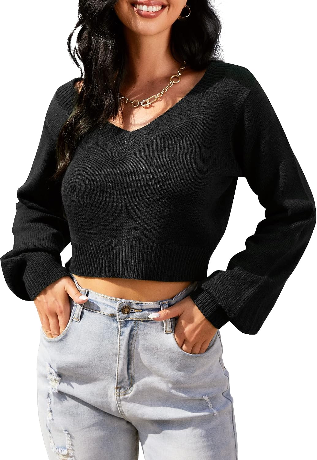 ZAFUL Women's Cropped Sweater V-Neck Long Sleeve Crop Sweater Pullover Jumper Knit Top