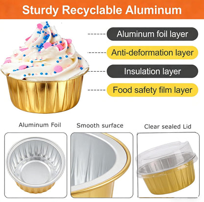 100 Pack Disposable Ramekins, No Lids Included, 5oz Golden Mini Cupcake Tins, Aluminium Foil Baking Cups for Muffin Tart Pie Tin Pan Holder for Party Favor Birthday Wedding (No Lids Included)
