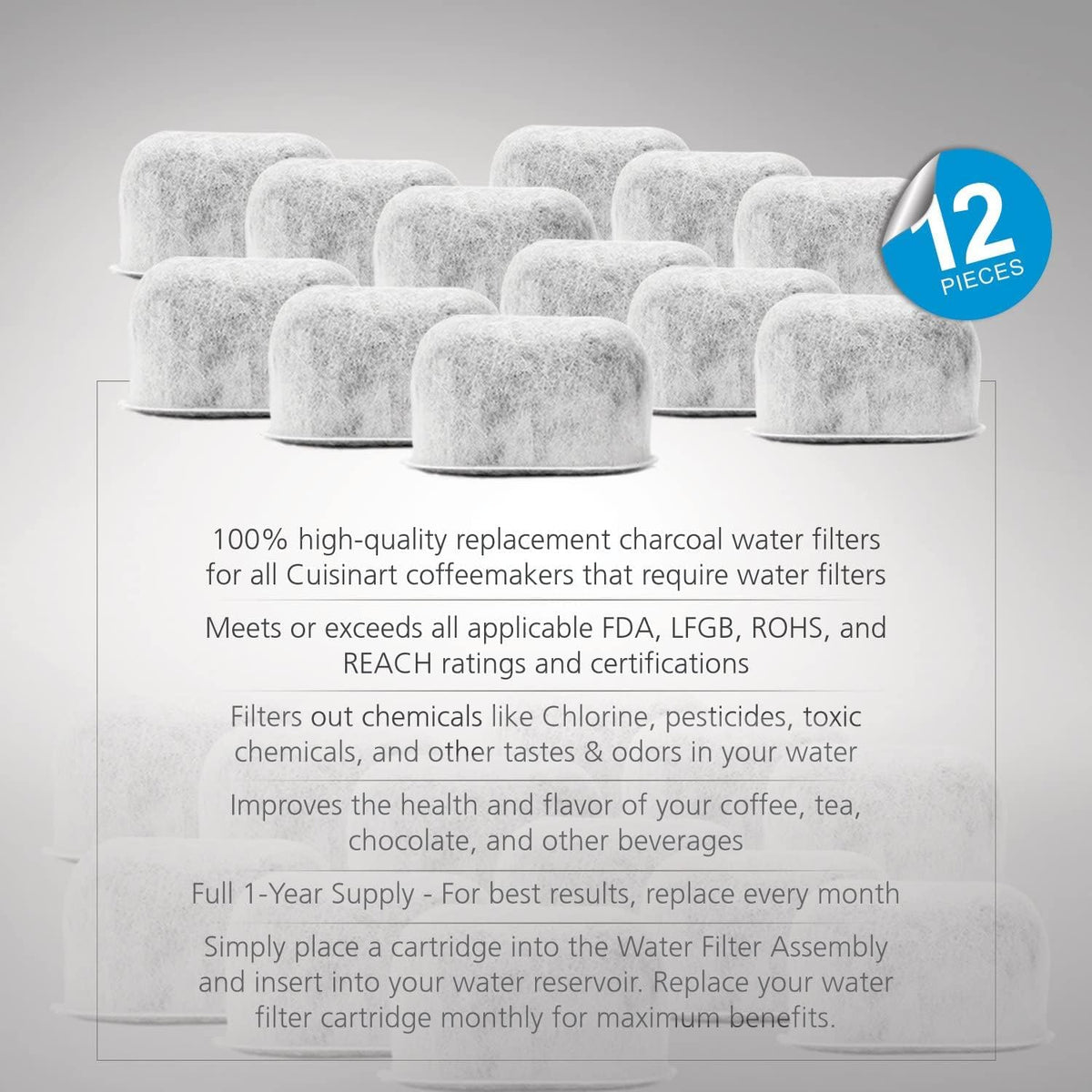 12 Pack Replacement Charcoal Water Filters for All Cuisinart Coffee Machines - Cuisinart Compatible (NOT KEURIG) Filters Fit Both Newer & Older Models Cuisinart Coffee Makers