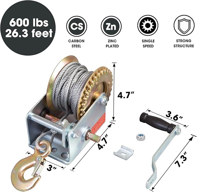 ROAD DAWG ATRT1061CD-1 Torin Hand Crank Boat Winch with 26.3ft Cable, 600lbs Capacity