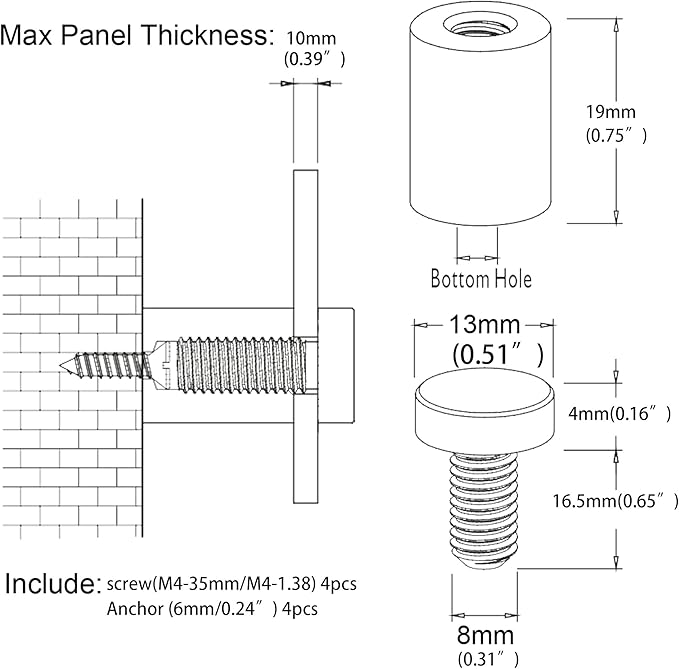 TOPNIKE Brass Flat Top Sign Standoffs, Standoff Holder Screw, 12"x 34", Polished Gold, for Acrylic, Glass, PVC, Glass Panel, Wood, with 2pcs Plastic Spacers, Pack of 4