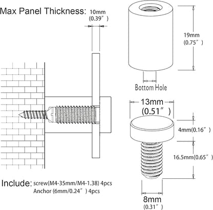 TOPNIKE Brass Flat Top Sign Standoffs, Standoff Holder Screw, 12"x 34", Polished Gold, for Acrylic, Glass, PVC, Glass Panel, Wood, with 2pcs Plastic Spacers, Pack of 4