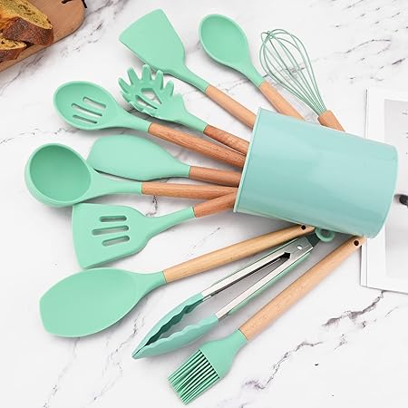 1pc Green Silicone Slotted Spoons Cooking Large Serving Spoon, Heat Resistant Cooking Utensils for Kitchen Cooking Baking Stirring Mixing Tools