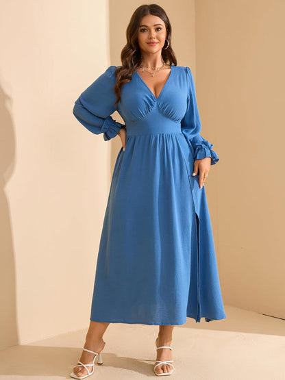 RWJ Plus Size Wedding Guest Dress for Women Deep V Neck Long Sleeve High Waist Slit Formal Cocktail Party Fall Maxi Dresses
