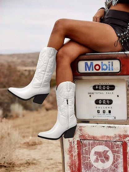 SHIBEVER Cowgirl Boots for Womens Western: Cowboy Pointy Toe Chunky Heel Embroidered Mid Calf Boot with Side Zipper