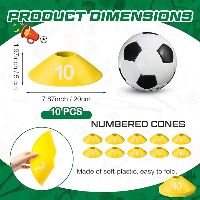 10 Pcs Numbered Sports Disc Cones 1-10 Soccer Cones with Mesh Carry Bag Flexible Agility Cones Soft Field Cones for Gym PE Classes School Activities Games, Sports Training Equipment