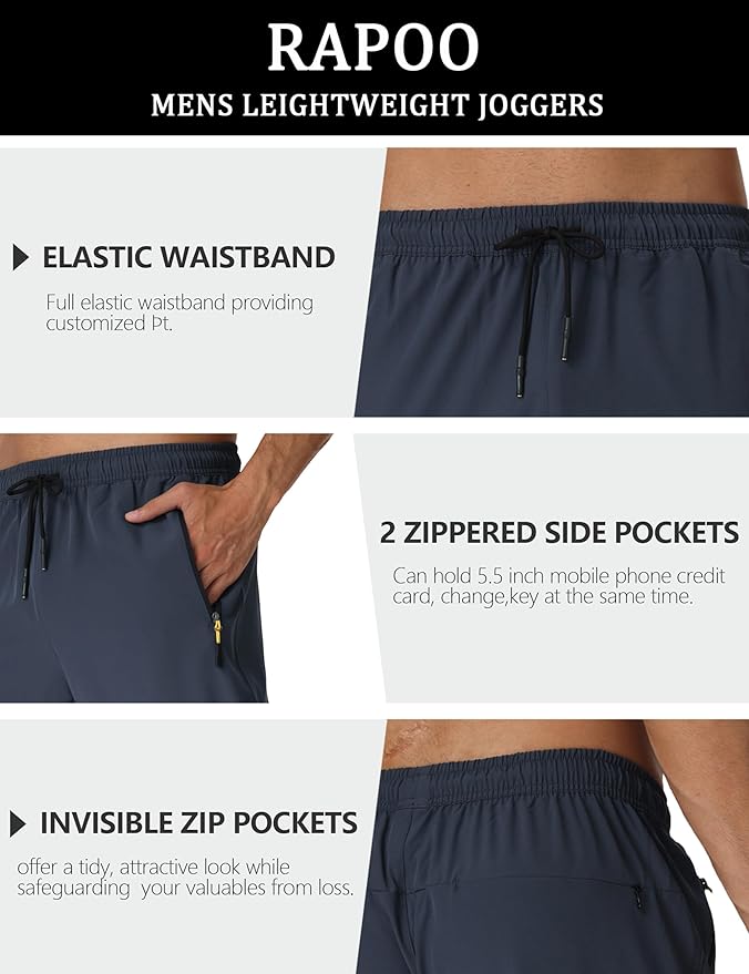 Rapoo Mens Lightweight Hiking Pants Quick Dry Stretch Joggers for Running Workout Casual