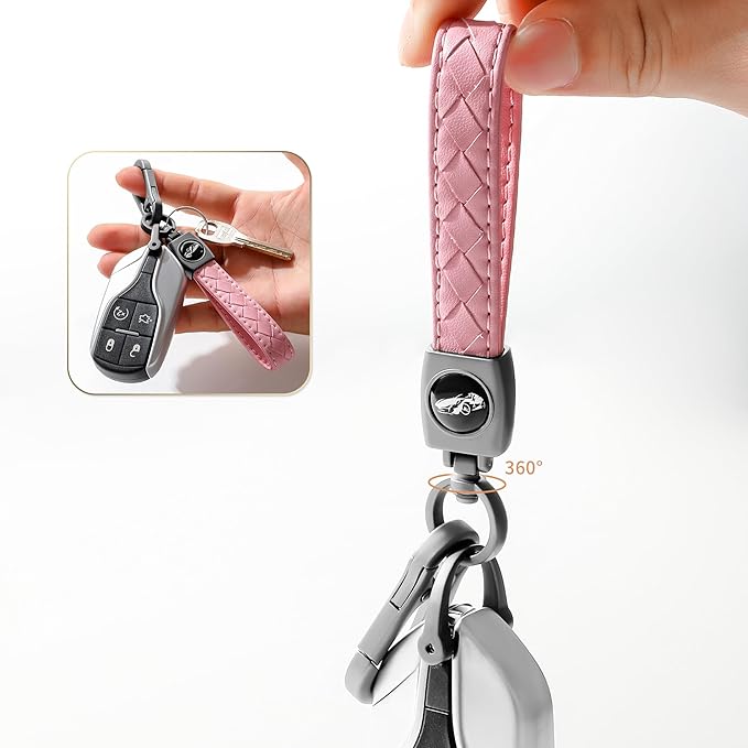 Carabiner Keychain, Universal Heavy Duty Woven Handmade Leather Key Chain, Car Fob Key Keychains with 360 Degree Rotatable Snap Swivel and Anti-Lost D-Ring for Men and Women, Gunmetal - Pink