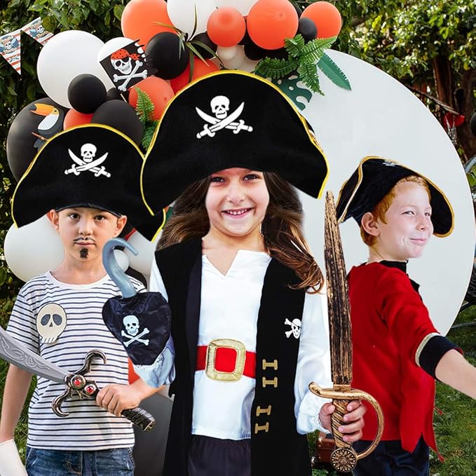 ArtCreativity Pirate Felt Hat for Kids, 1PC, Pirate Costume Hat with Skull and Cross Sword Design, Costume Prop for Halloween, Dress Up Parties, and Photo Booth, Black, White, and Gold