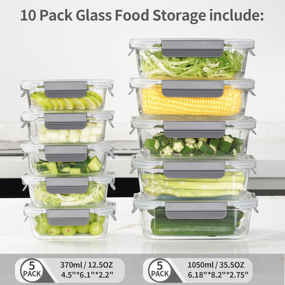 AILTEC 8 Pack Glass Meal Prep Containers, Glass Food Storage Containers with Lids Airtight, Storage Container Set with Lid for Food, Bpa-free, Leak-proof, Microwave Oven Freezer Dishwasher Safe