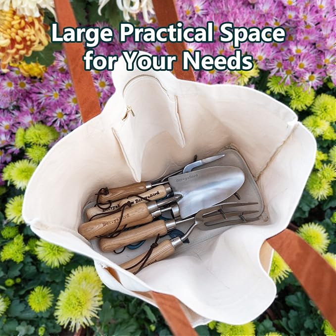 BerryBird Garden Tool Bag, Canvas Garden Tote With Pockets, Wear-Resistant Multi-Purpose Tool Storage Bag, Home Organizer Gardening Tool Kit for Indoor and Outdoor Gardening, 21.65" x 7.09" x 13.78"