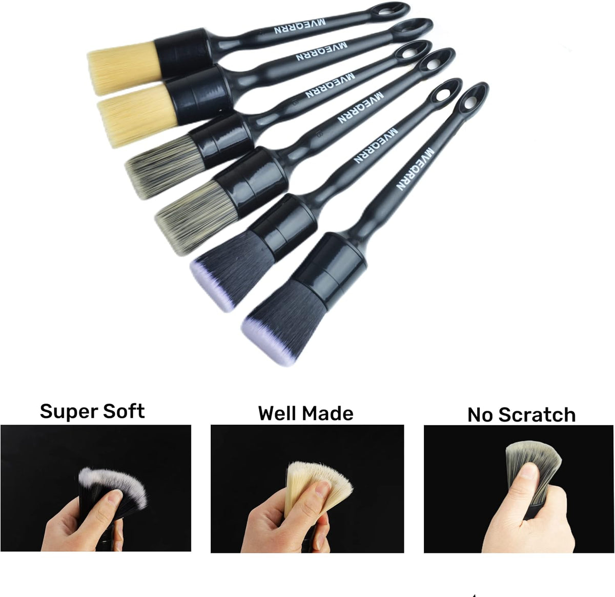Car Detailing Brush Set-2pcs Boars Hair Car Detailing Brushes,2pcs Ultra Soft No Scratch Detailing Brush for Air Vent,Leather Seat 2pcs Detail Brushes car Detailing for Interior Exterior (6 PCs)