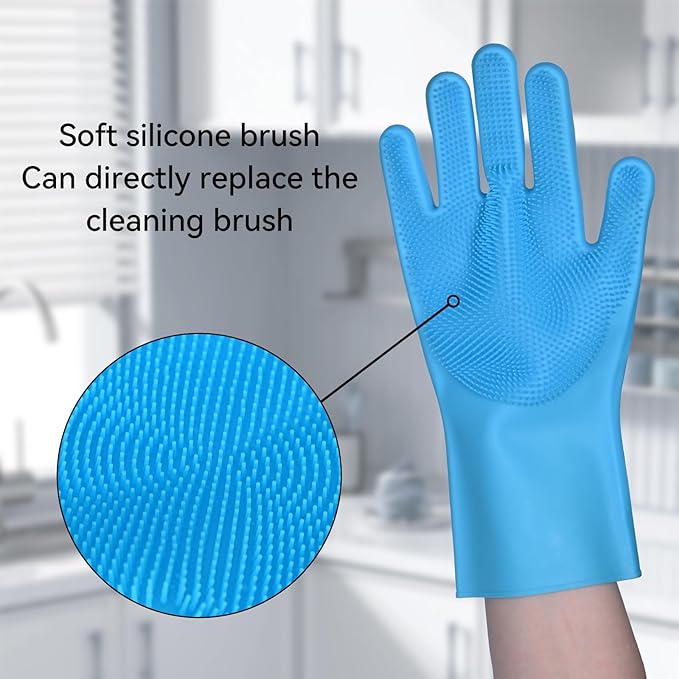 Silicone Dishwashing Gloves, Kitchen Gloves for Washing Dishes Reusable Waterproof Dishwashing with Cleaning Brush