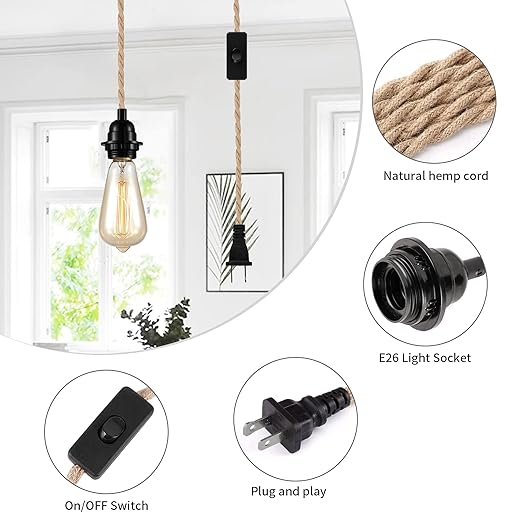 Industrial 15ft Pendant Lights - Hanging Light Kit with Switch Plug in Vintage Fabric Lamp with Twisted Hemp Rope Pendant Lights Socket Set E26 E27 for Pendant Lamp Farmhouse Lamp Cable DIY