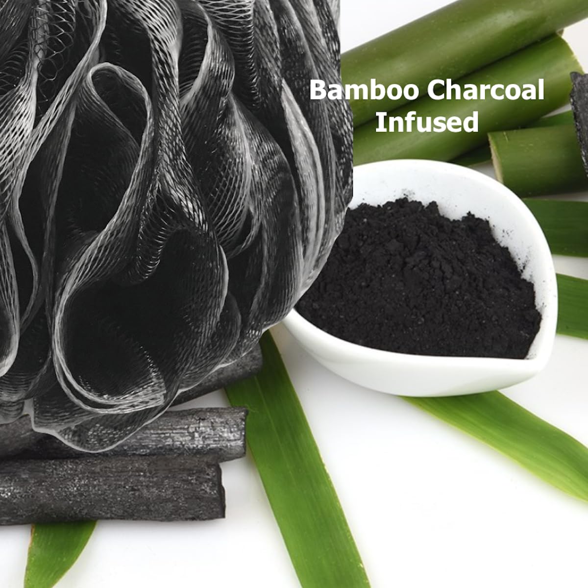 Loofah-Charcoal Back-Scrubber & Bath-Sponge Set // 1 Long-Handle-Back-Brush Plus 2 Extra Large 75g Soft Mesh Loofa-Lufa-Loufa Puff Poufs, Men & Women - Exfoliate with Full Pure Cleanse