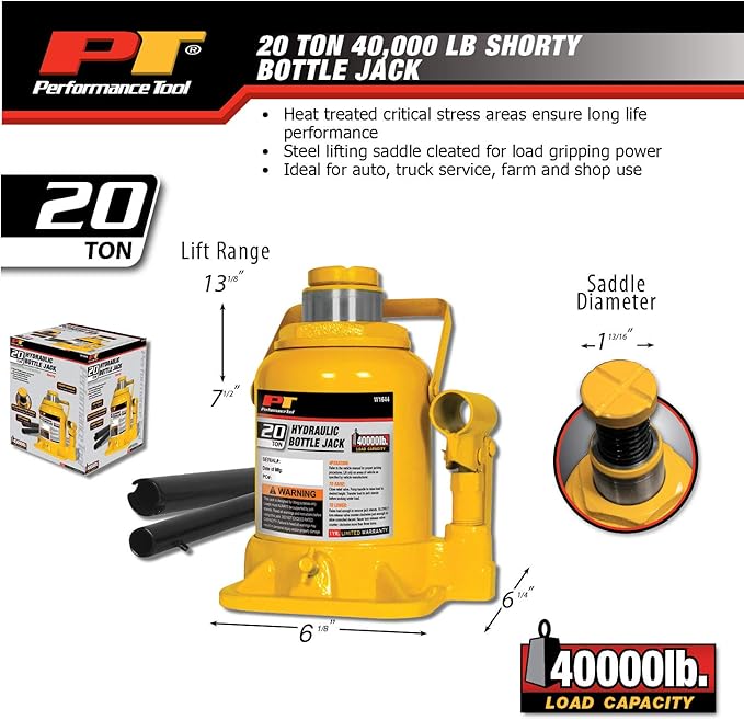 Performance Tool W1644 20 Ton (40,000 lbs.) Heavy Duty Shorty Bottle Jack