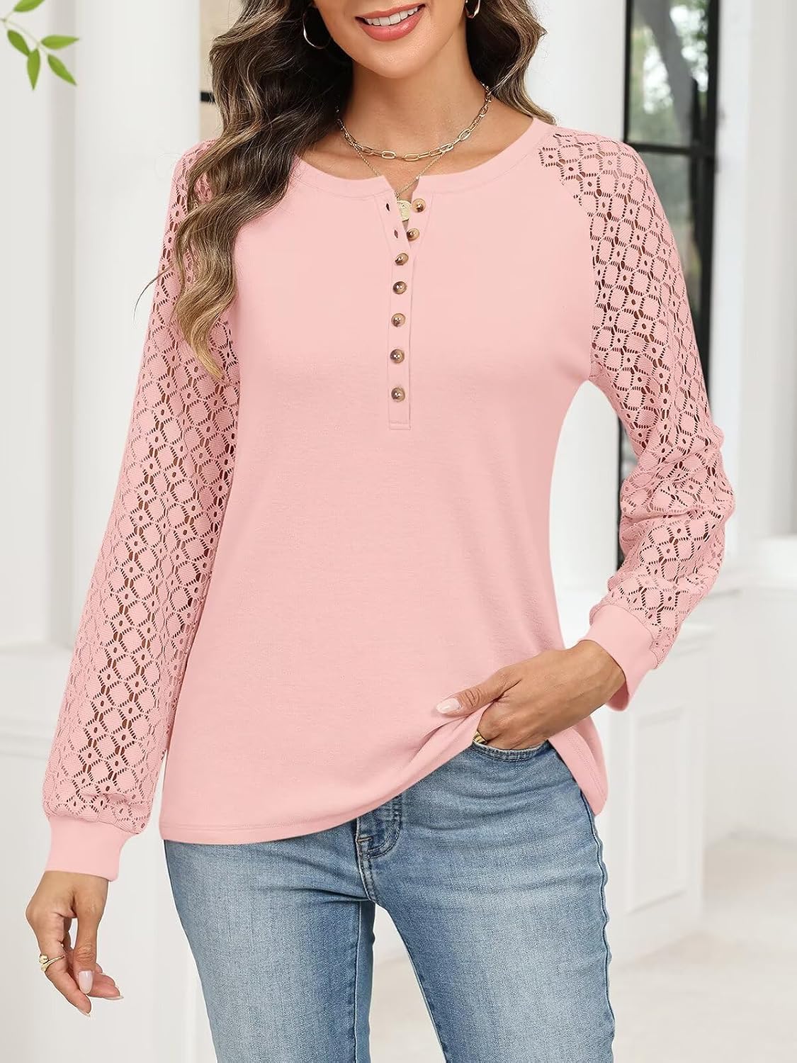 Medium TICTICMISS Women's Lace Long Sleeve Shirts Henley Crewneck Tops Business Casual Fall Blouses