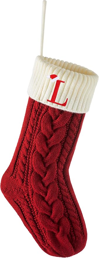Personalized Christmas Stockings with Initials, 18 Inches Xmas Embroidered Monogrammed Cable Knitted Stocking for Family, Holiday Hanging Decoration Gifts for Fireplace(Red and White L)