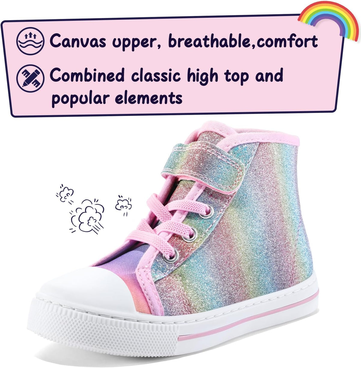 Toddler Sneakers Girls Canvas High Top Walking Shoes with Hook and Loops