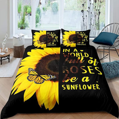 Erosebridal Sunflower Butterfly Pillow Case for Girls Yellow Floral Queen Size Boho ,Black