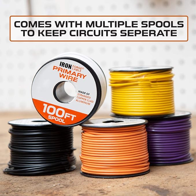 Iron Forge Cable 12 Gauge Primary Automotive Wire - 6 Roll Bulk Assortment Pack - 12 AWG Auto Cable - 100 Ft Copper Clad Aluminum Wire per Roll