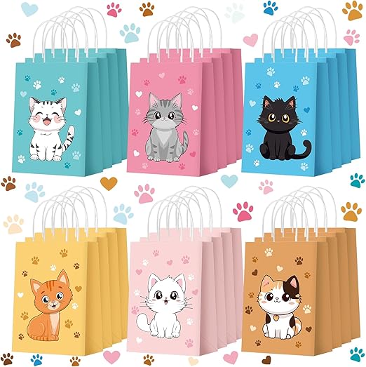 Zhanmai 24 Pcs Cat Goodie Bags Cat Party Favor Kitty Gift Bags with Handles Cat Candy Treat Paper Bags for Kids Cat Birthday Party Decoration Supplies for Pet Adoption