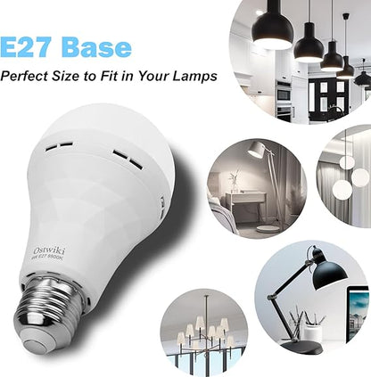 2 Pack Emergency Rechargeable Light Bulbs,Battery Operated Backup Light Bulb 9W E27 8500K 1200mAh White Equivalent Self-Charging LED Light Bulbs for Power Outage Camping Outdoor Activity