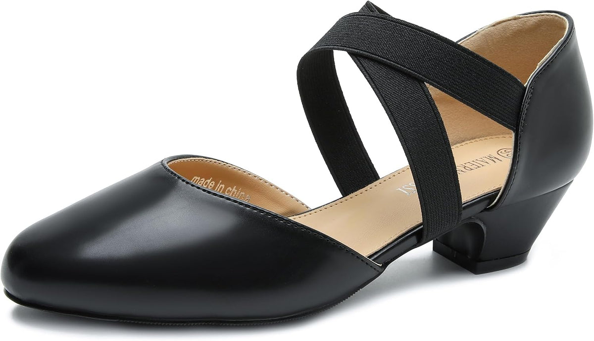 Women's Low Block Heel Pumps with Elastic Cross Straps, 1.57 Inch Heel Pull On Dress Dance Shoes