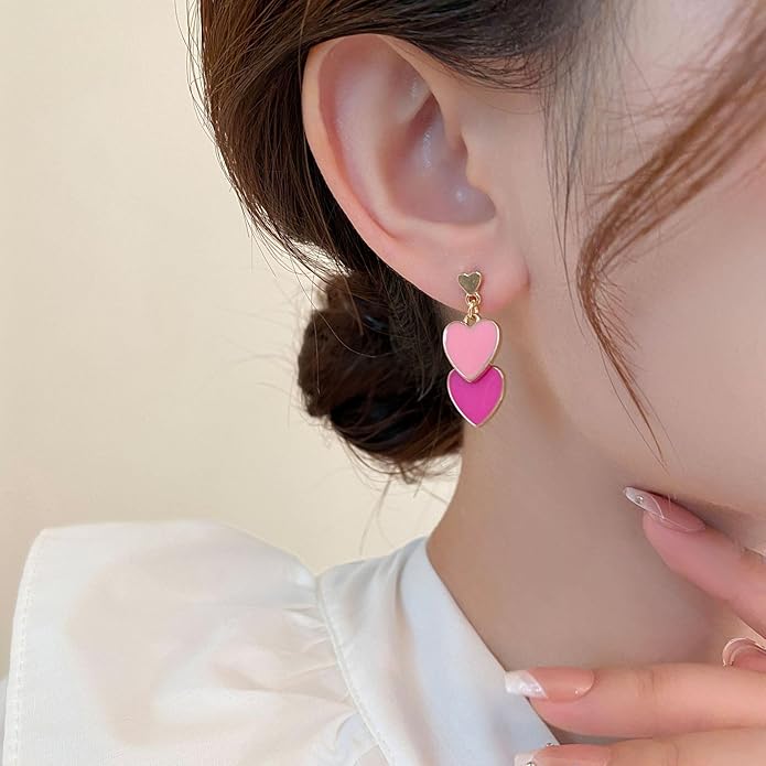 Dainty Heart Earrings for Women Multicolor Enamel Double Heart Earrings Crystal Heart Lovely Earrings Valentines Day Earrings for Gifts