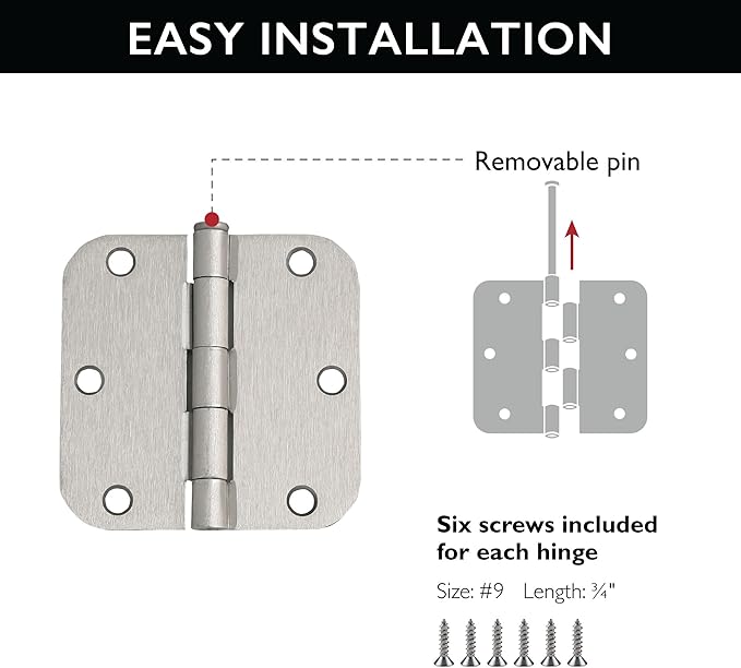 Design House 181412 Door Hinges for Interior Doors 58-inch Radius Steel Door Hinge Door Hardware, 3-12-inch x 3-12-inch, Satin Nickel, 3-Pack