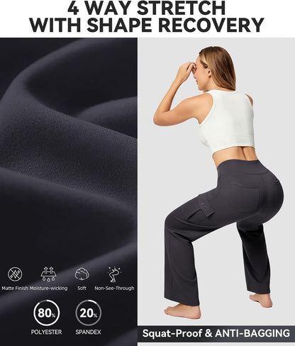 Casei Women's Wide Leg Yoga Pants with 6 Pockets Stretchy Cargo Work Dress Pants High Waisted Travel Scrub Trousers