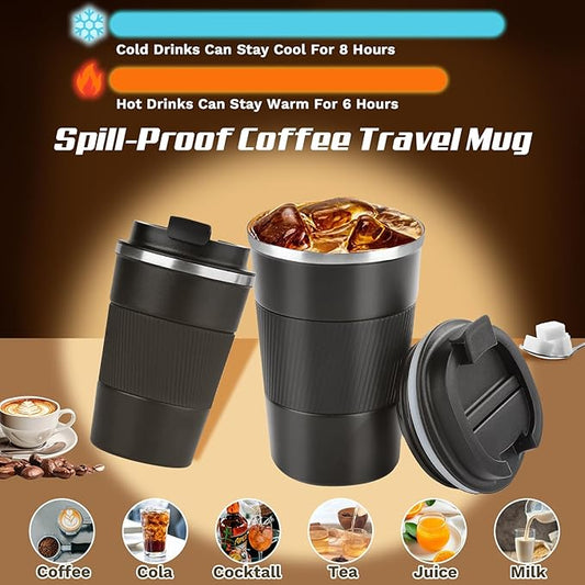 Vacuum-Insulated Stainless Steel Travel Coffee Mug, Leak-Proof Reusable Coffee Cup with Lid - Keep Hot  Cold Drinks for Hours, Durable Thermos Tumbler for Men  Women (3rd-Black, 12OZ)