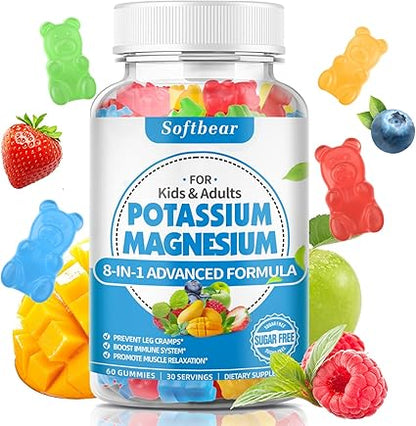 softbear Potassium Gummies for Adults, High Absorption Potassium Magnesium Supplement with Vitamin B6 CoQ10 for Leg Cramps  Muscle Health Sugar-Free Vegan Mixed Fruit Flavor 60 Gummies
