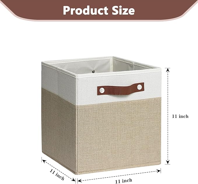 11 inch Open Collapsible Fabric Storage Bins with Vegan Leather Handles, Sturdy Cube Storage Baskets for Shelves, Closet, Nursery, and Home Organization. (White and khaki, (11x11) 4 pack)